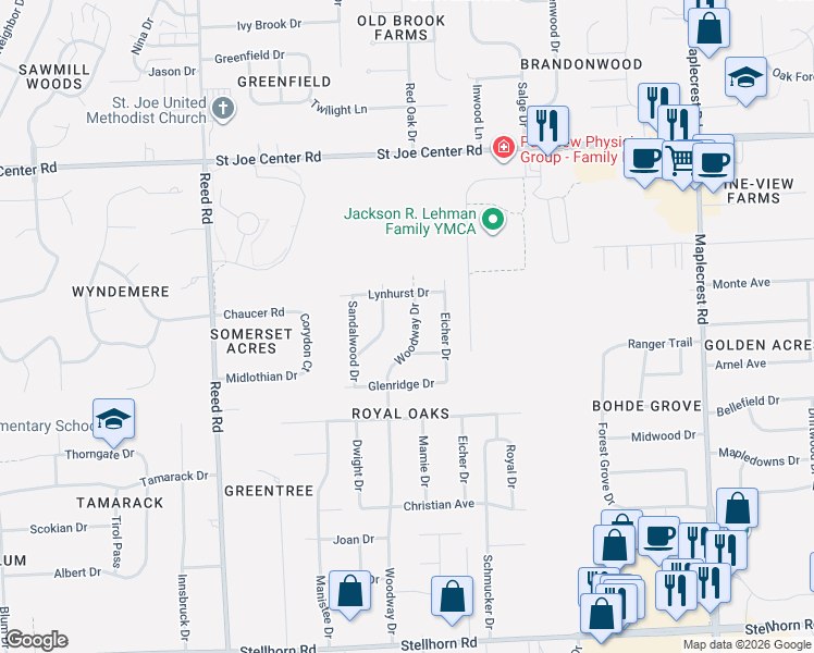 map of restaurants, bars, coffee shops, grocery stores, and more near 5317 Woodway Drive in Fort Wayne