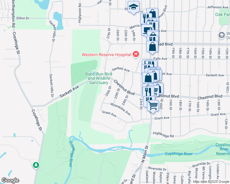 map of restaurants, bars, coffee shops, grocery stores, and more near 2510 Chestnut Boulevard in Cuyahoga Falls