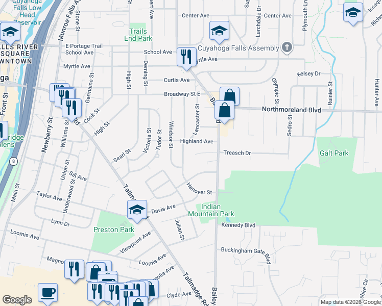 map of restaurants, bars, coffee shops, grocery stores, and more near 1020 Highland Avenue in Cuyahoga Falls