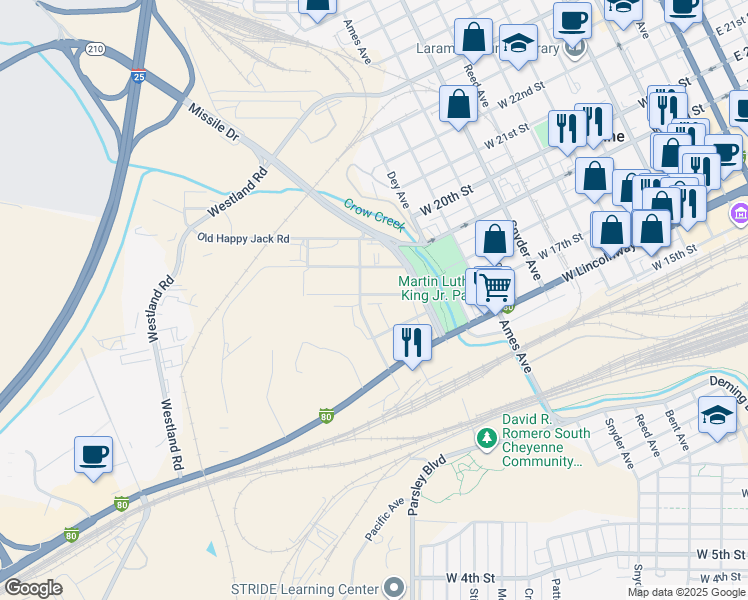 map of restaurants, bars, coffee shops, grocery stores, and more near 1322 West 17th Street in Cheyenne