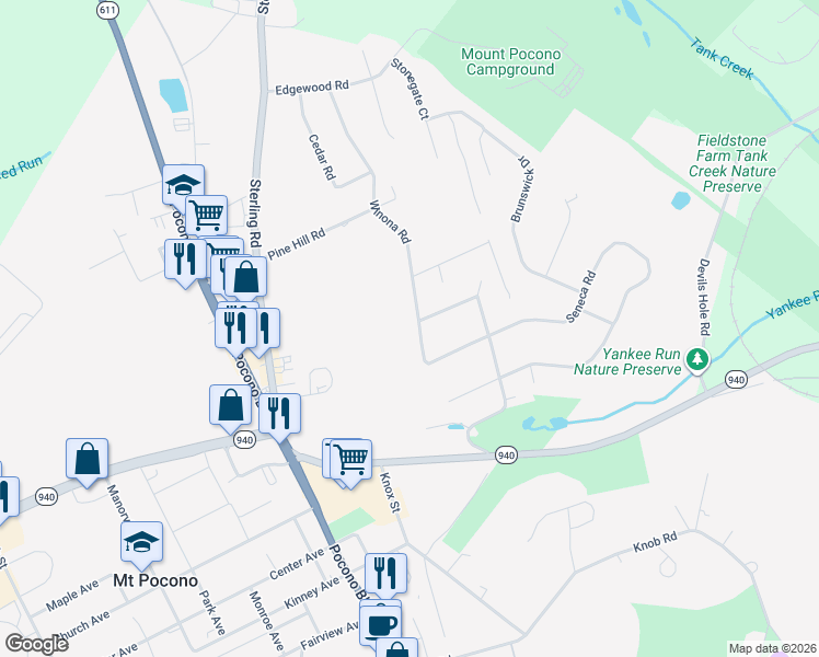 map of restaurants, bars, coffee shops, grocery stores, and more near 106 Winona Road in Mount Pocono