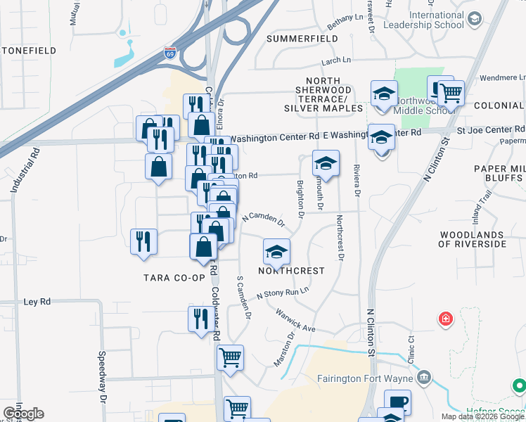 map of restaurants, bars, coffee shops, grocery stores, and more near 609 North Camden Drive in Fort Wayne