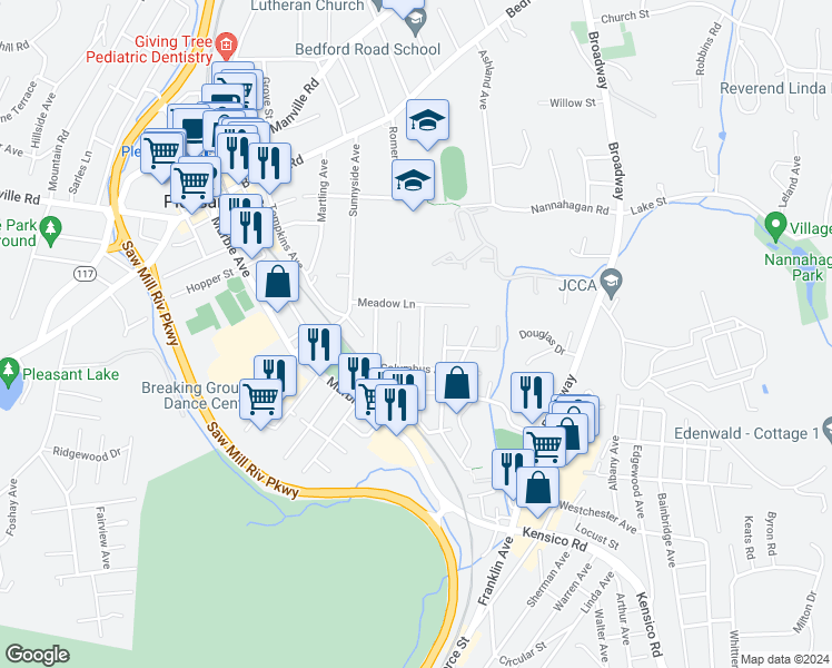 map of restaurants, bars, coffee shops, grocery stores, and more near 60 Saratoga Avenue in Pleasantville