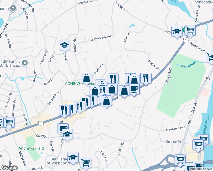 map of restaurants, bars, coffee shops, grocery stores, and more near 3 Kittredge Street in Norwalk