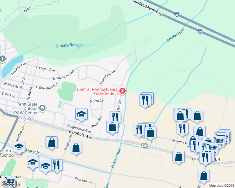 map of restaurants, bars, coffee shops, grocery stores, and more near in DuBois