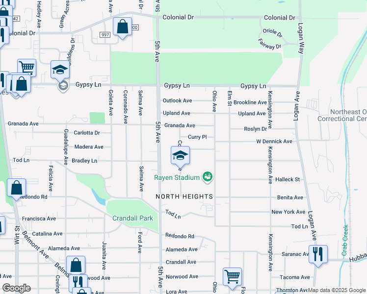 map of restaurants, bars, coffee shops, grocery stores, and more near 253 Curry Place in Youngstown