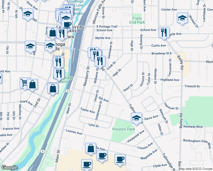 map of restaurants, bars, coffee shops, grocery stores, and more near 530 Tallmadge Road in Cuyahoga Falls