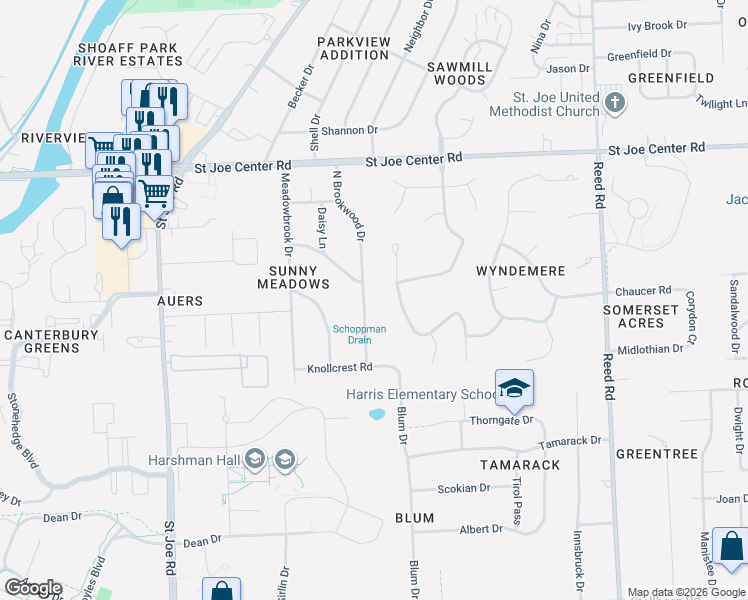 map of restaurants, bars, coffee shops, grocery stores, and more near 3834-3898 Northcreek Drive in Fort Wayne