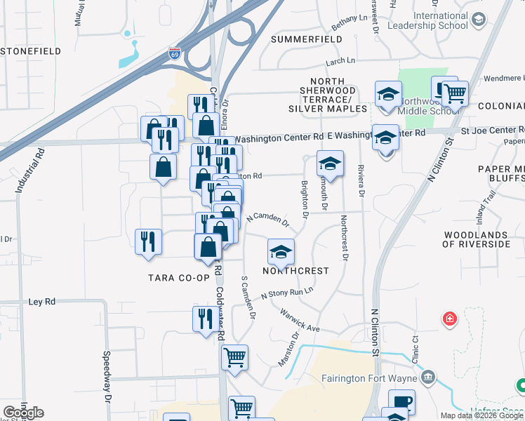 map of restaurants, bars, coffee shops, grocery stores, and more near 609 N Camden Dr in Fort Wayne
