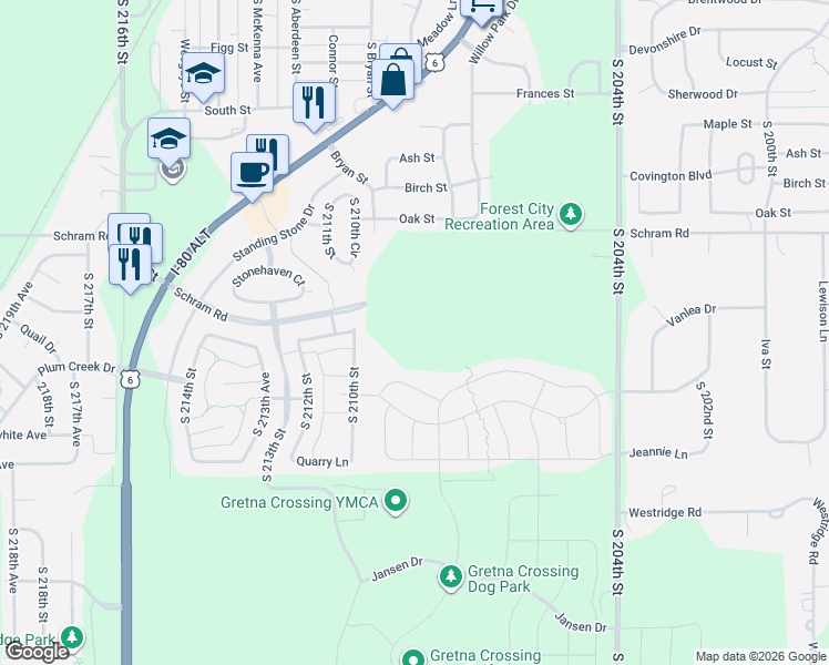 map of restaurants, bars, coffee shops, grocery stores, and more near 21102 Castlerock Lane in Gretna