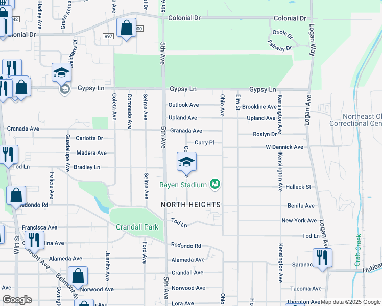 map of restaurants, bars, coffee shops, grocery stores, and more near 2227 Cordova Avenue in Youngstown