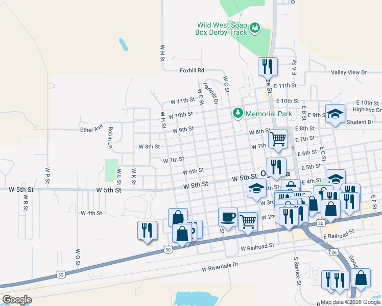 map of restaurants, bars, coffee shops, grocery stores, and more near 751-799 West F Street in Ogallala