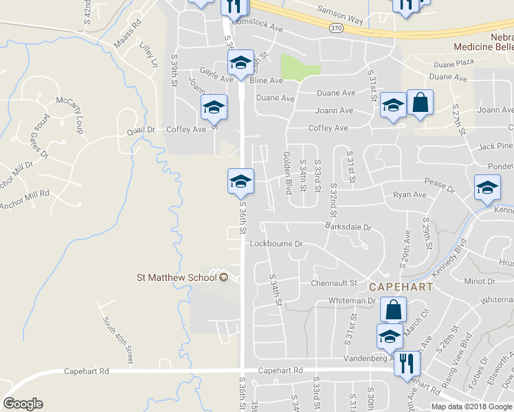 map of restaurants, bars, coffee shops, grocery stores, and more near 3504 Montrovia Boulevard in Bellevue