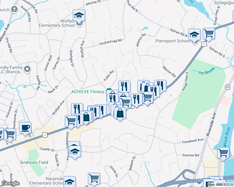 map of restaurants, bars, coffee shops, grocery stores, and more near 3 Kittredge Street in Norwalk