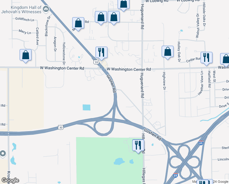 map of restaurants, bars, coffee shops, grocery stores, and more near 718 Goshen Road in Fort Wayne