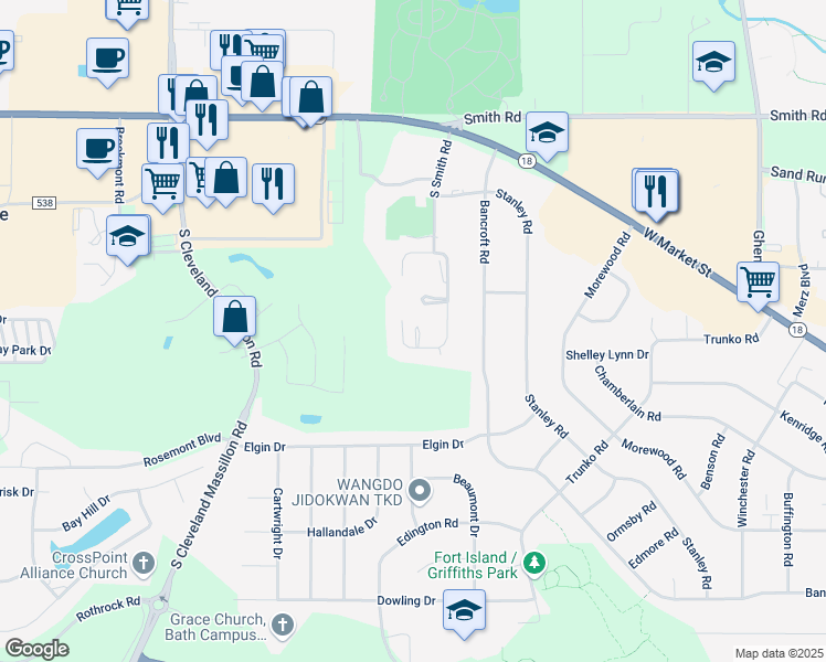 map of restaurants, bars, coffee shops, grocery stores, and more near 1031 Bunker Drive in Fairlawn
