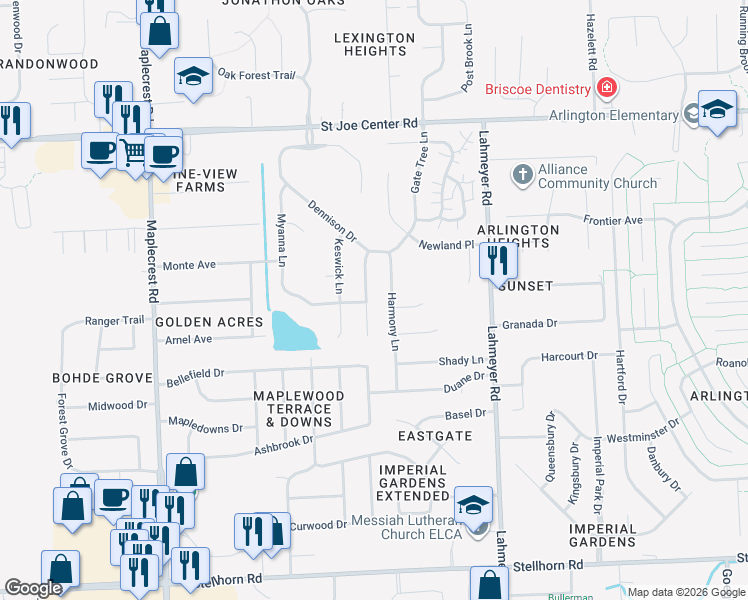 map of restaurants, bars, coffee shops, grocery stores, and more near 5300 Willman Lane in Fort Wayne