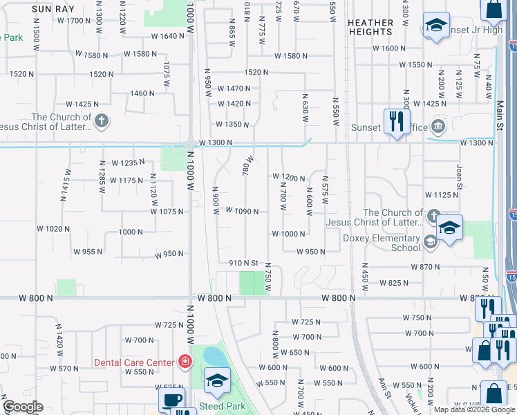 map of restaurants, bars, coffee shops, grocery stores, and more near 768 West 1090 North in Clinton