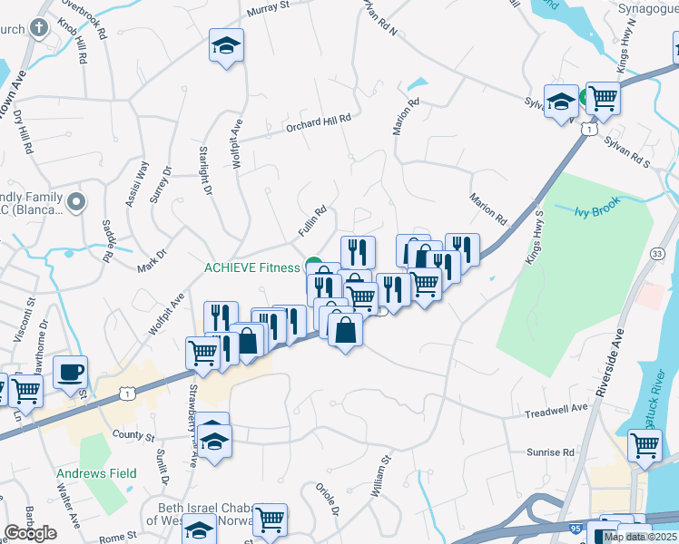 map of restaurants, bars, coffee shops, grocery stores, and more near 3 Kittredge Street in Norwalk