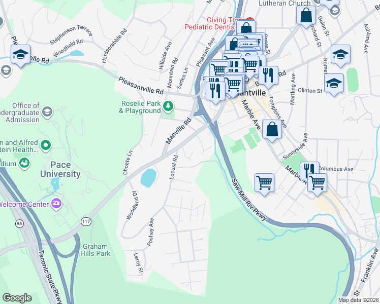 map of restaurants, bars, coffee shops, grocery stores, and more near 580 Bedford Road in Pleasantville