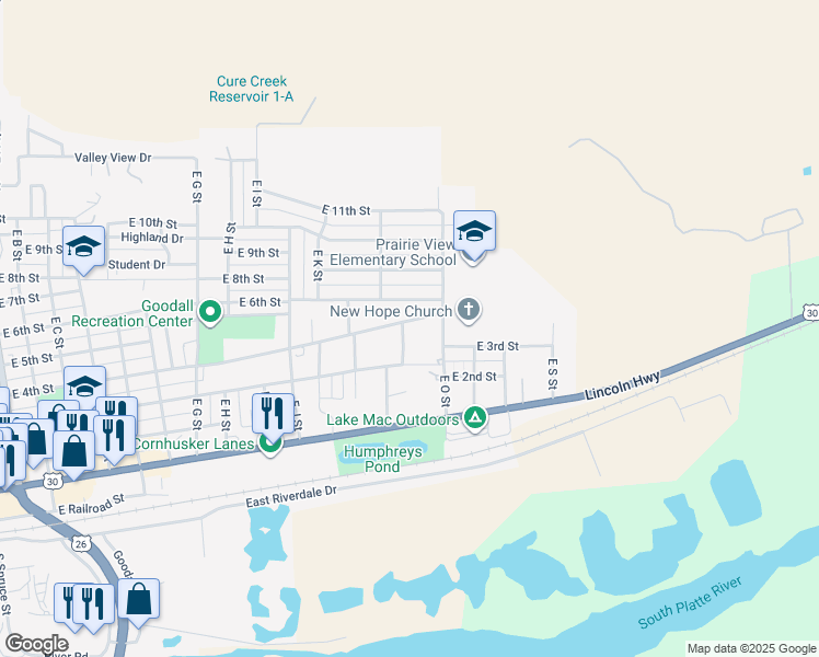 map of restaurants, bars, coffee shops, grocery stores, and more near 1317 East 4th Street in Ogallala