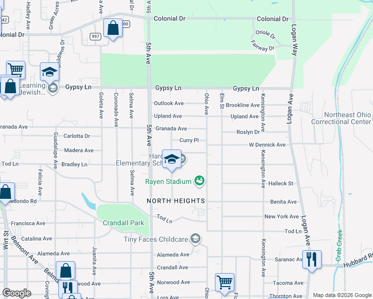 map of restaurants, bars, coffee shops, grocery stores, and more near 253 Curry Place in Youngstown