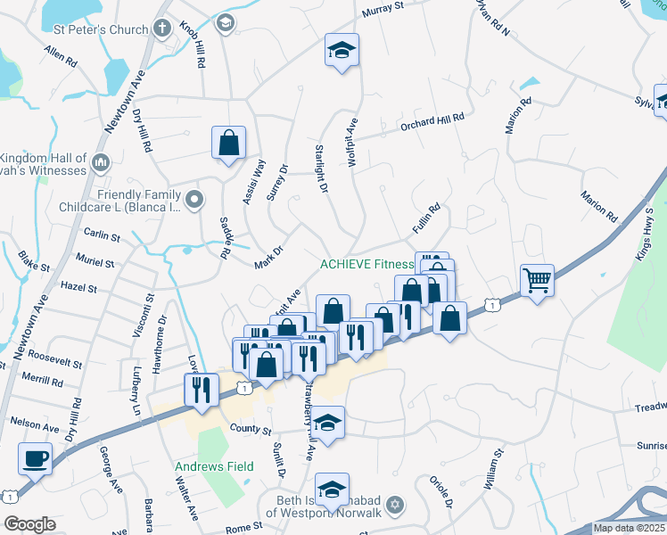 map of restaurants, bars, coffee shops, grocery stores, and more near 97 Wolfpit Avenue in Norwalk