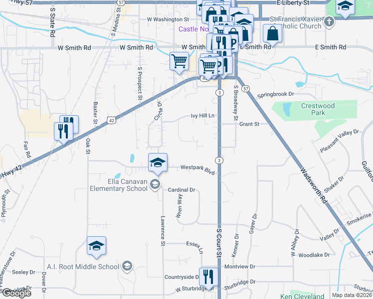 map of restaurants, bars, coffee shops, grocery stores, and more near 240 Canterbury Lane in Medina