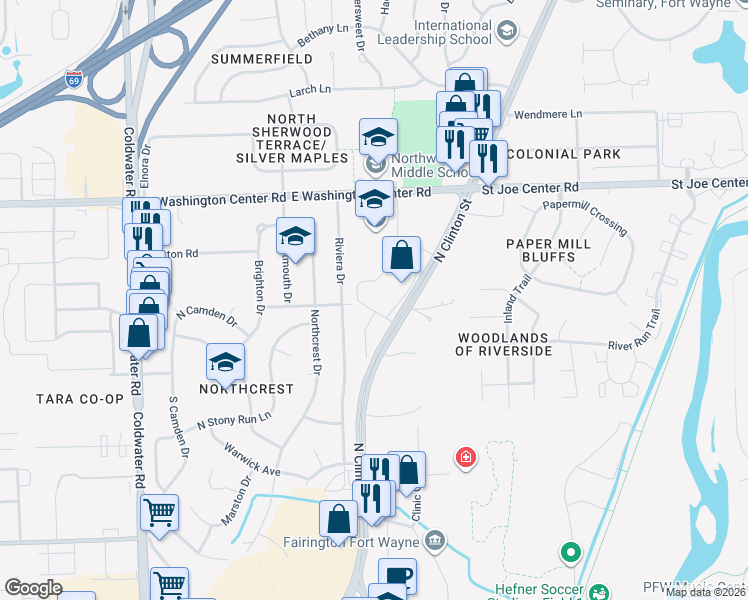 map of restaurants, bars, coffee shops, grocery stores, and more near 5435 North Clinton Street in Fort Wayne