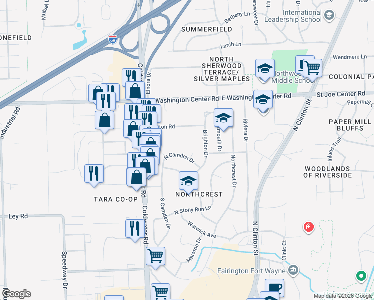 map of restaurants, bars, coffee shops, grocery stores, and more near 609 N Camden Dr in Fort Wayne
