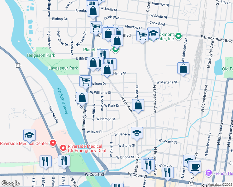 map of restaurants, bars, coffee shops, grocery stores, and more near 817 North 5th Avenue in Kankakee