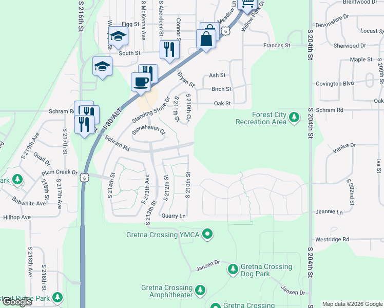 map of restaurants, bars, coffee shops, grocery stores, and more near 21102 Castlerock Lane in Gretna