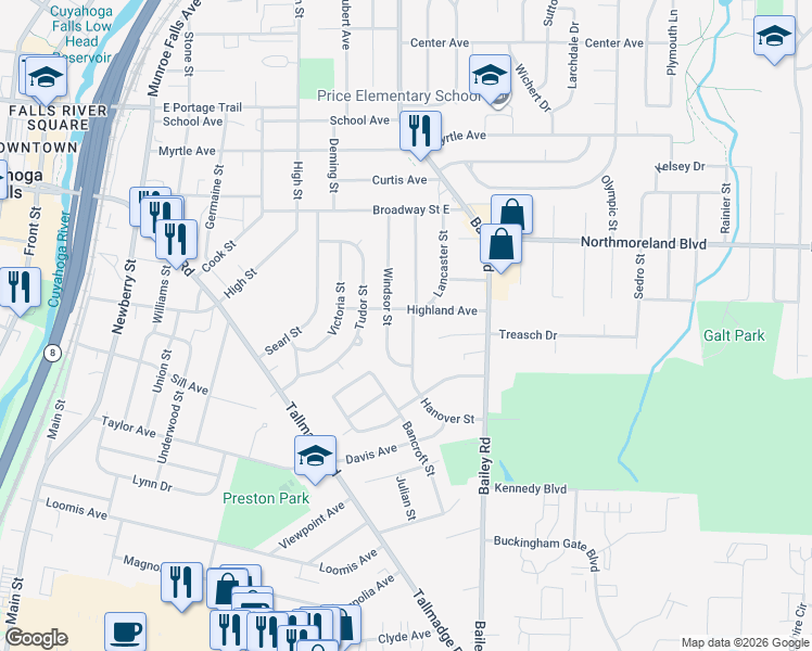map of restaurants, bars, coffee shops, grocery stores, and more near 1020 Highland Avenue in Cuyahoga Falls