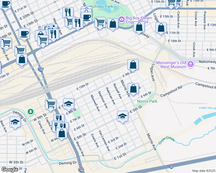map of restaurants, bars, coffee shops, grocery stores, and more near 806 East 9th Street in Cheyenne
