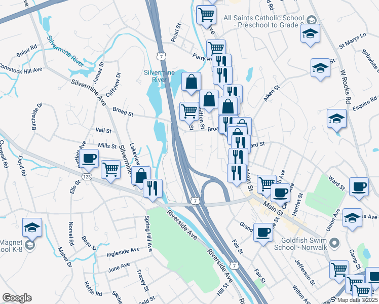 map of restaurants, bars, coffee shops, grocery stores, and more near 59 Plattsville Avenue in Norwalk