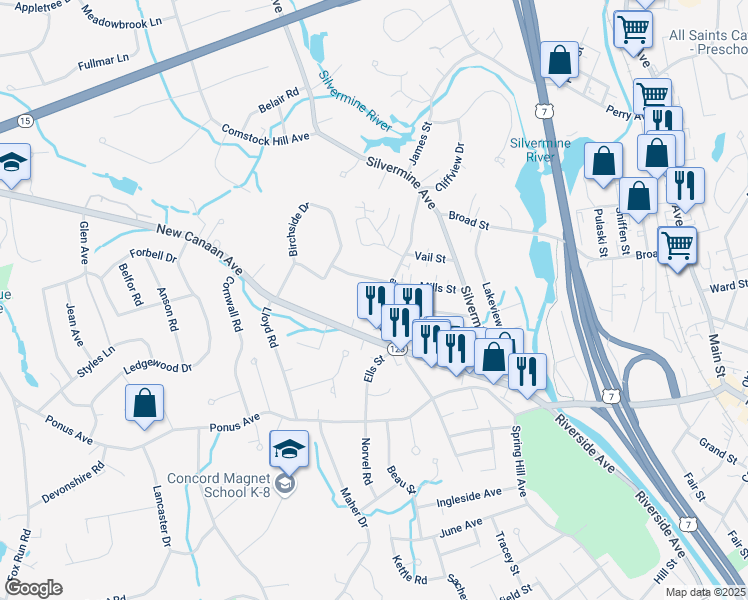 map of restaurants, bars, coffee shops, grocery stores, and more near 31 Bartlett Avenue in Norwalk
