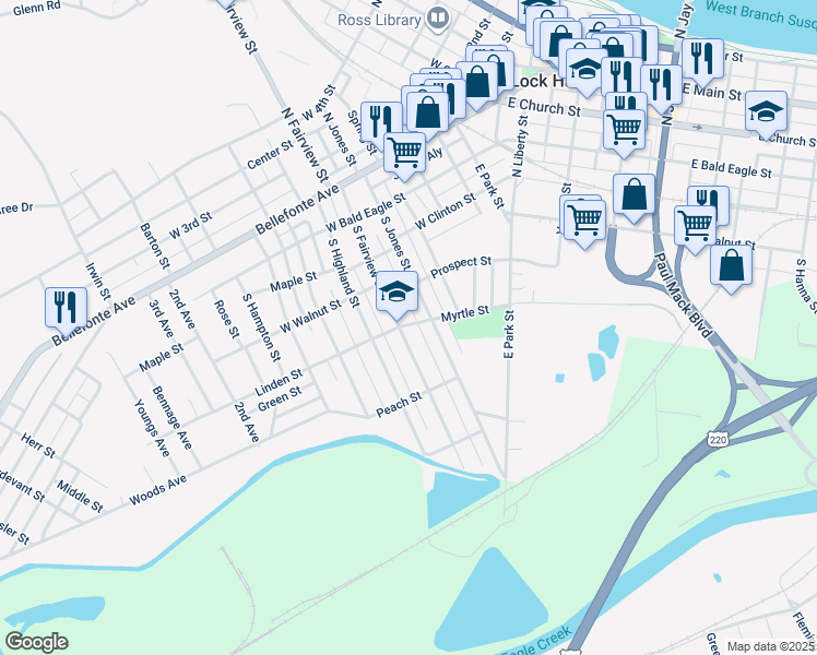 map of restaurants, bars, coffee shops, grocery stores, and more near 346b South Fairview Street in Lock Haven
