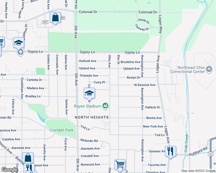 map of restaurants, bars, coffee shops, grocery stores, and more near 221 Curry Place in Youngstown