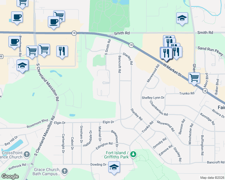 map of restaurants, bars, coffee shops, grocery stores, and more near 3364 Bancroft Road in Fairlawn