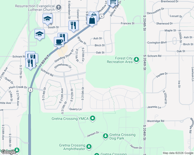 map of restaurants, bars, coffee shops, grocery stores, and more near 21102 Castlerock Lane in Gretna