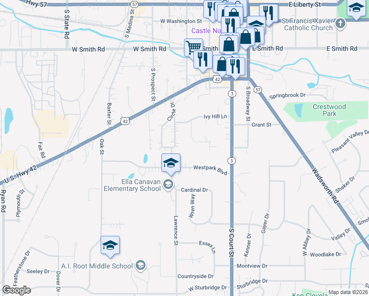 map of restaurants, bars, coffee shops, grocery stores, and more near 310 Canterbury Lane in Medina