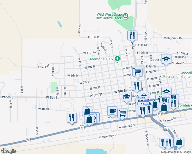 map of restaurants, bars, coffee shops, grocery stores, and more near 751 West F Street in Ogallala