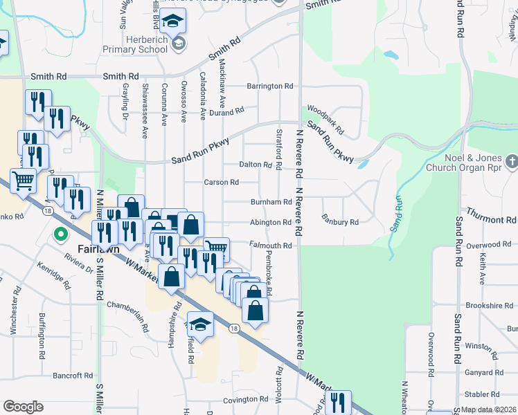 map of restaurants, bars, coffee shops, grocery stores, and more near 250 Pembroke Road in Fairlawn