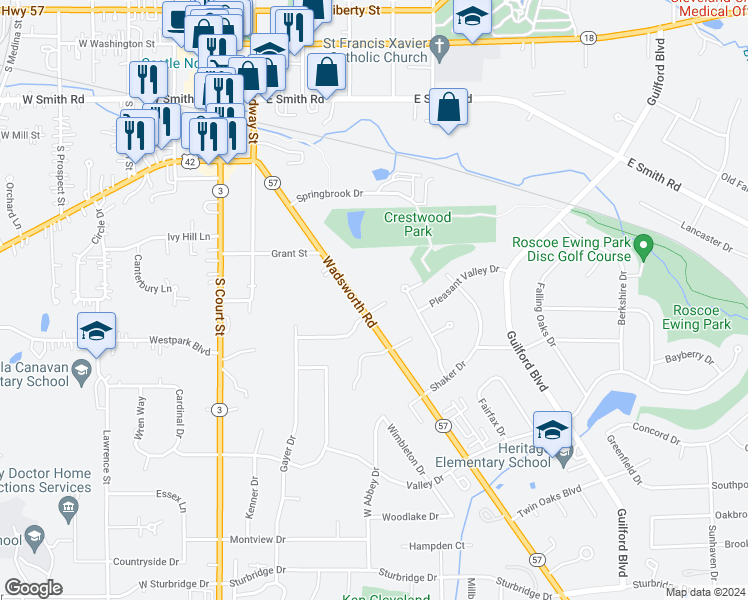 map of restaurants, bars, coffee shops, grocery stores, and more near 13 Parkview Drive in Medina