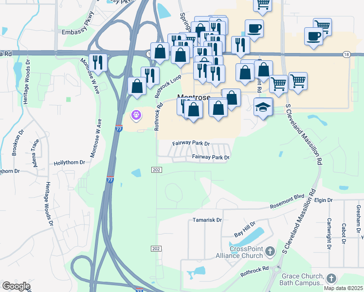map of restaurants, bars, coffee shops, grocery stores, and more near 3800 Fairway Park Drive in Akron
