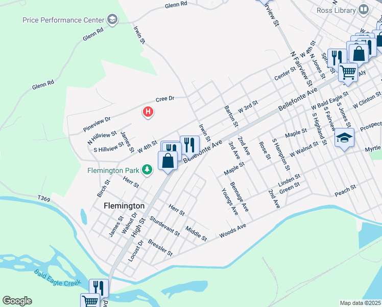 map of restaurants, bars, coffee shops, grocery stores, and more near 601 High Street in Flemington