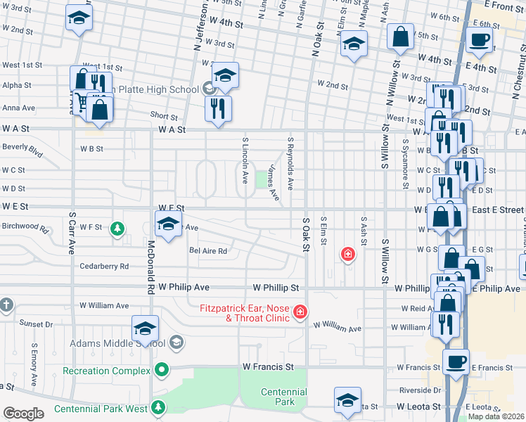 map of restaurants, bars, coffee shops, grocery stores, and more near 1035 West E Street in North Platte