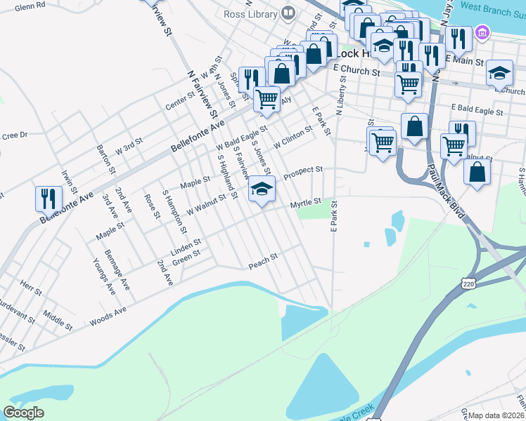 map of restaurants, bars, coffee shops, grocery stores, and more near 346 South Fairview Street in Lock Haven