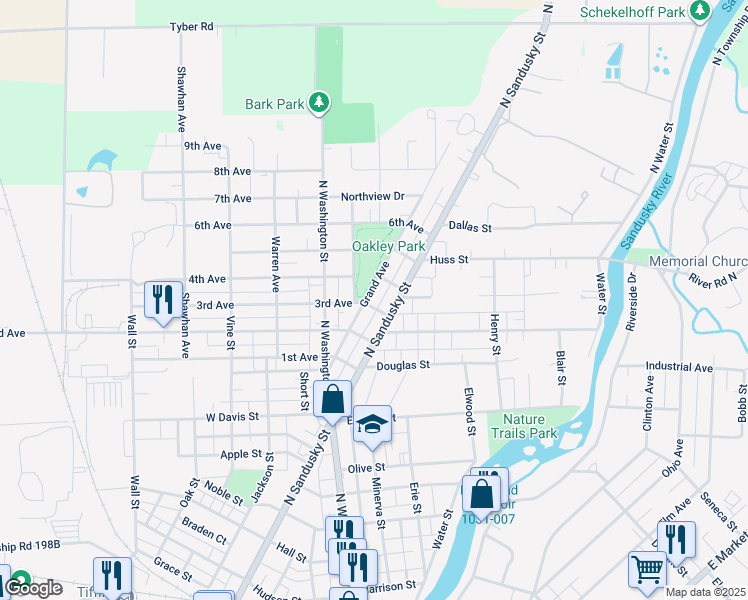 map of restaurants, bars, coffee shops, grocery stores, and more near 102 Grand Avenue in Tiffin