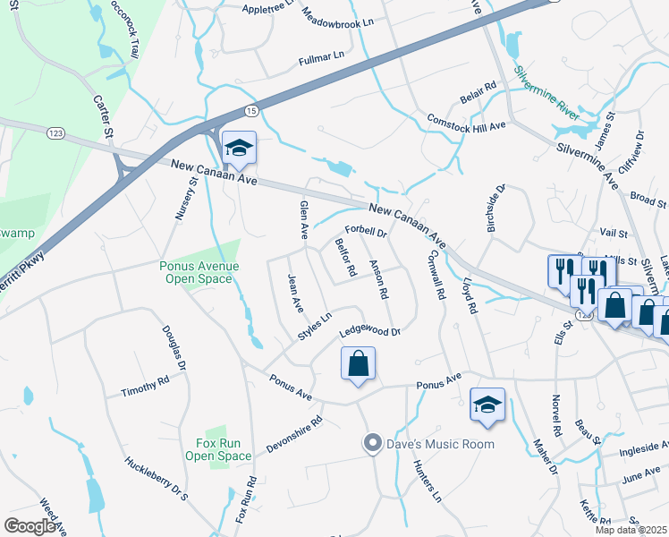 map of restaurants, bars, coffee shops, grocery stores, and more near 7 Belfor Road in Norwalk